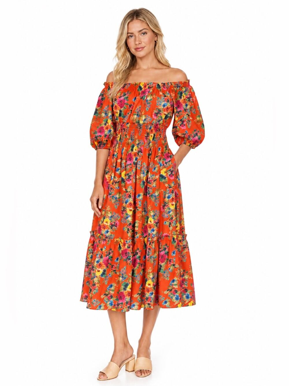 Cara Cara Mimi Dress Cherry Bouquet Orange Large